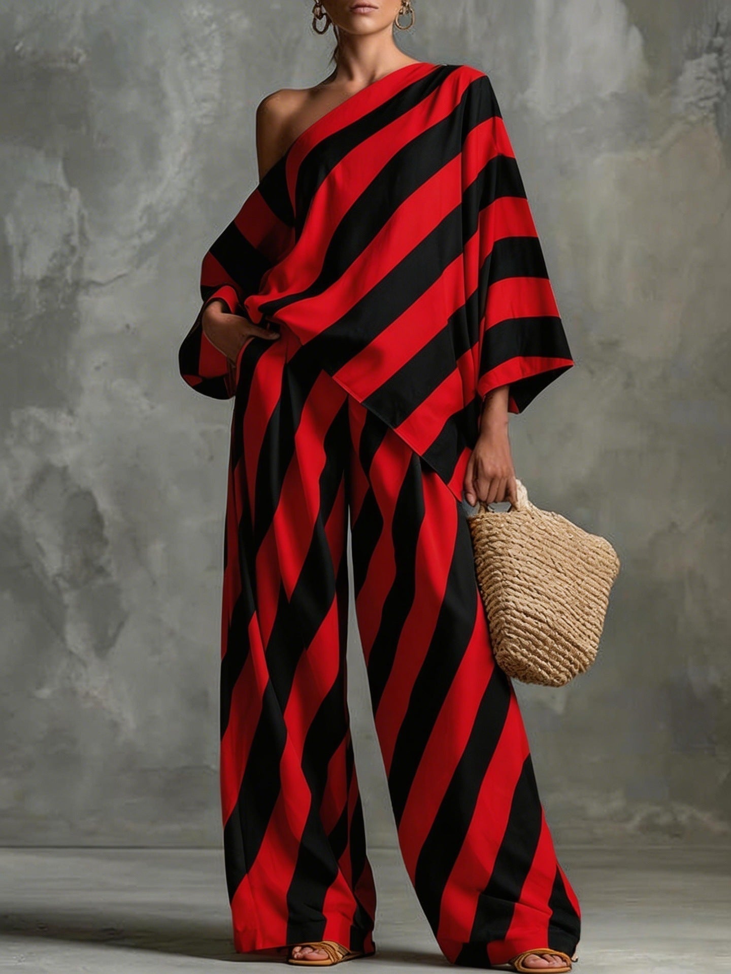 Women's retro striped batwing top and wide-leg pants set, vintage casualwear by Plush Fashion Hub, shown in a stylish 2-piece ensemble.