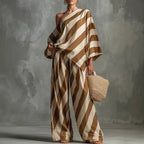 Women’s retro striped batwing top and wide-leg pants set, vintage casualwear by Plush Fashion Hub, featuring bold stripes and relaxed fit.