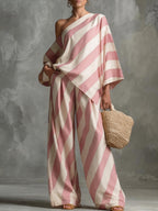 Women's retro striped batwing top and wide-leg pants set, vintage 2-piece casualwear by Plush Fashion Hub.