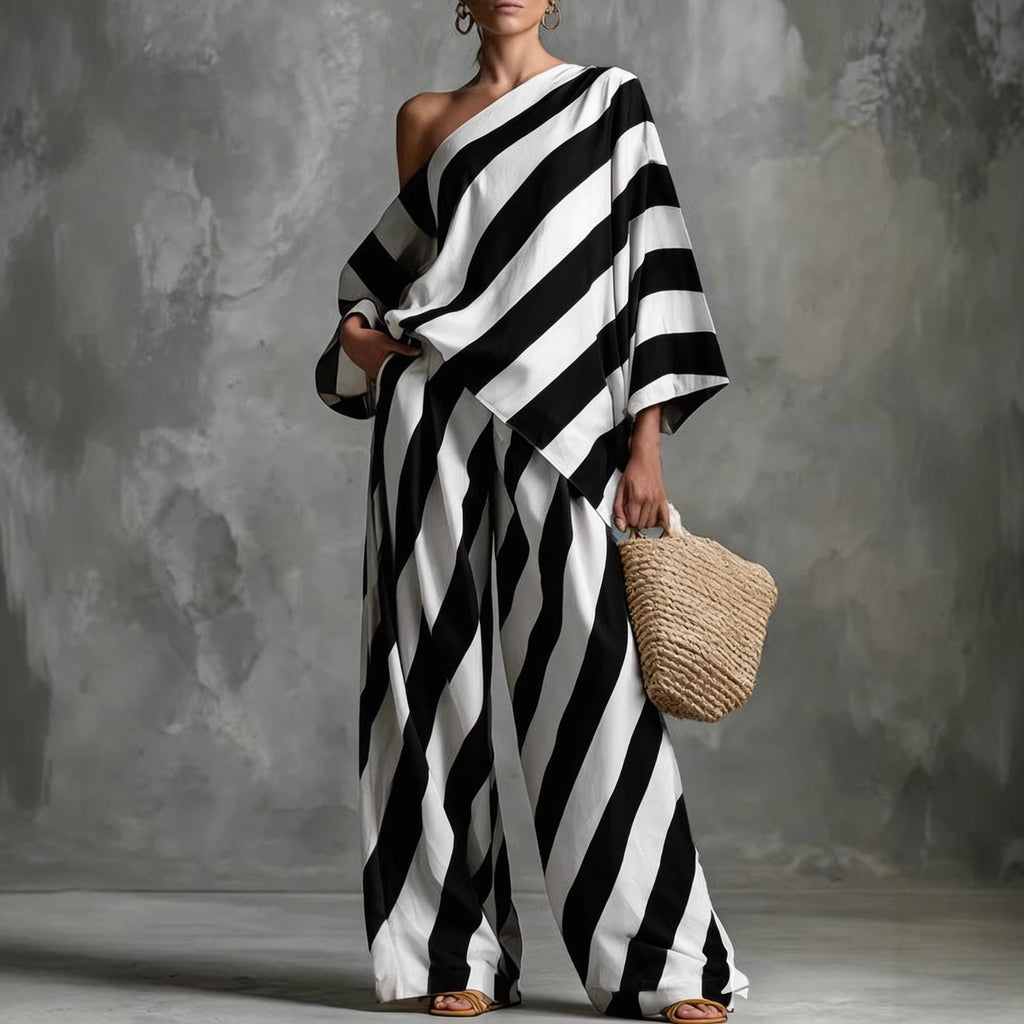 Women's retro striped batwing top and wide-leg pants set by Plush Fashion Hub, vintage casualwear 2-piece ensemble.