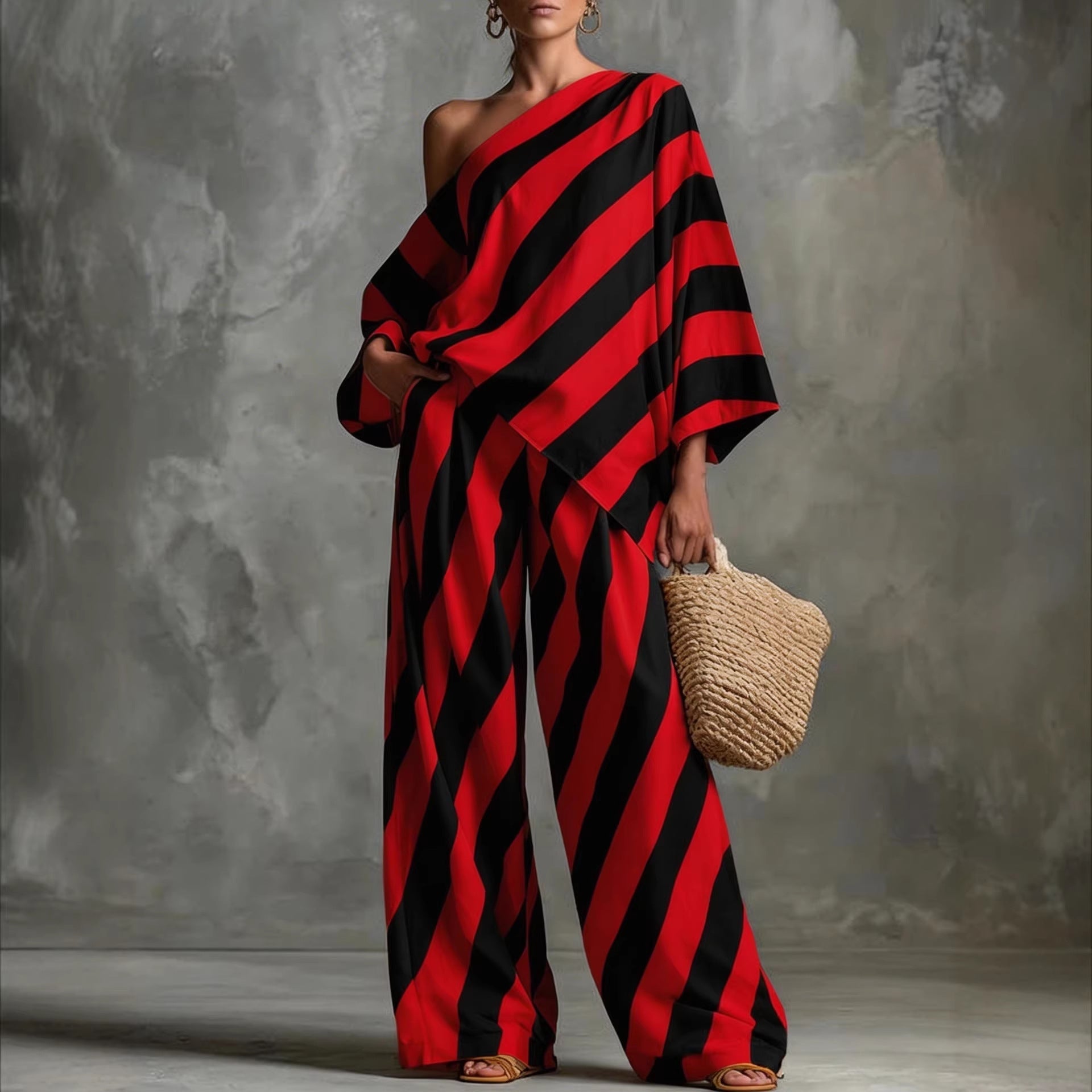 Women's vintage striped batwing top and wide-leg pants set by Plush Fashion Hub, casual retro 2-piece outfit.