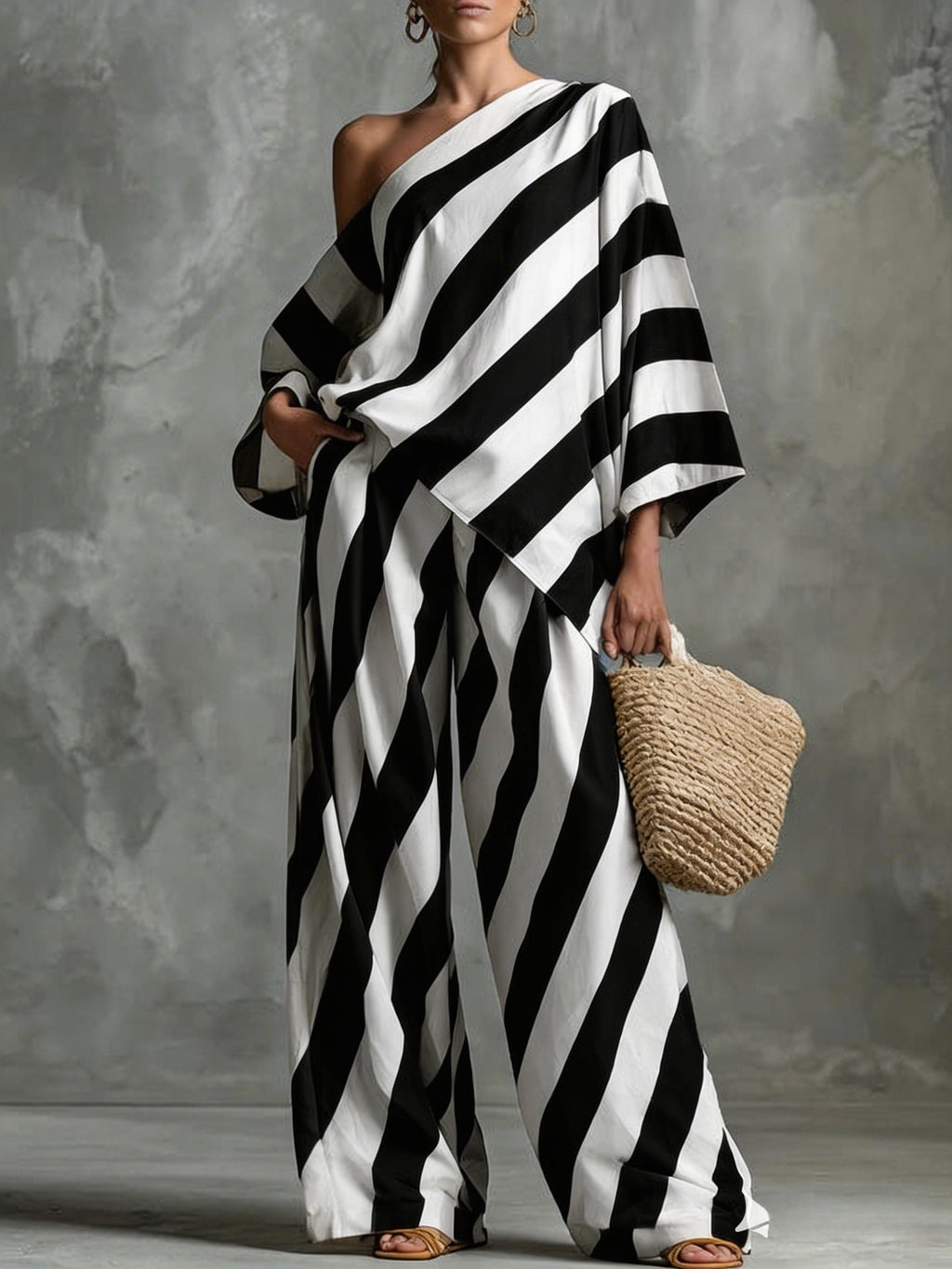 Women's retro striped batwing top and wide-leg pants set, vintage 2-piece casualwear by Plush Fashion Hub.