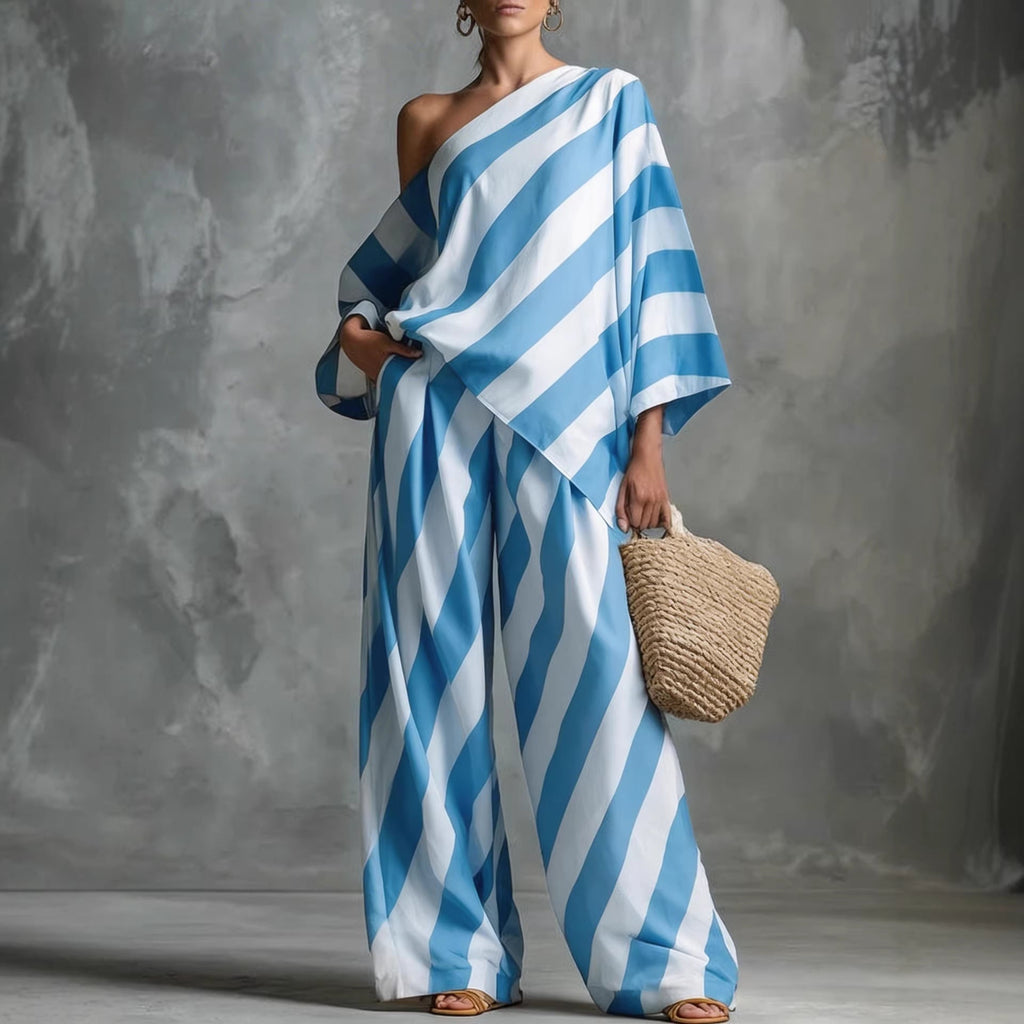 Women's retro striped batwing top and wide-leg pants set, vintage 2-piece casualwear by Plush Fashion Hub.