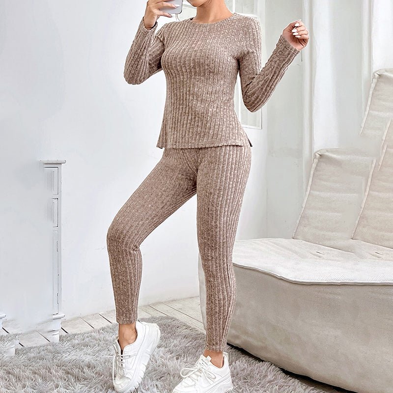 Women’s ribbed knit long-sleeve tee and pants lounge set by Plush Fashion Hub, soft and comfortable casualwear for relaxing at home.