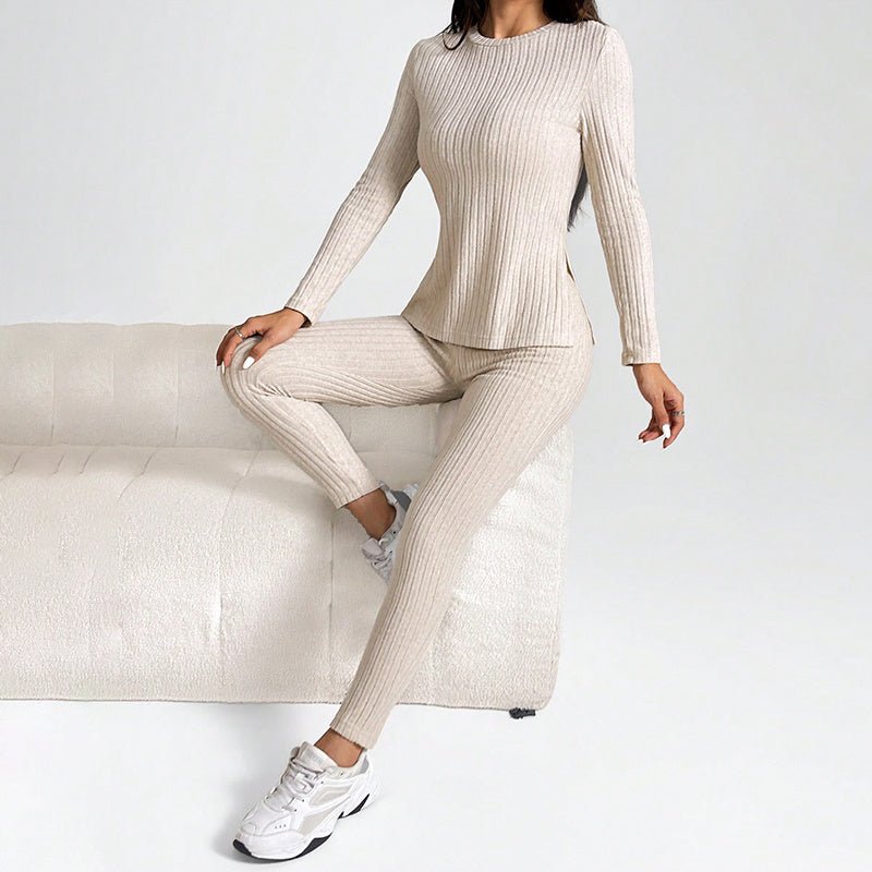 Women’s ribbed knit long-sleeve tee and pants lounge set by Plush Fashion Hub, casualwear with a comfortable fit.
