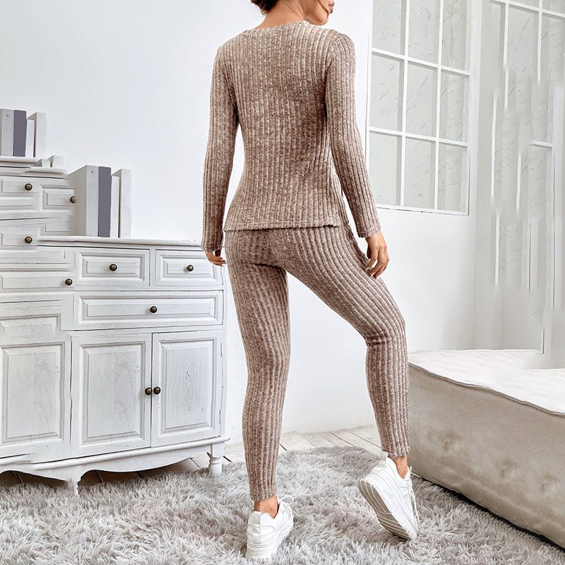 Women’s ribbed knit long-sleeve tee and pants lounge set by Plush Fashion Hub, casualwear with a cozy, stylish fit.