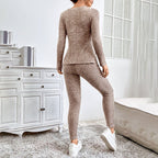 Women’s ribbed knit long-sleeve tee and pants lounge set by Plush Fashion Hub, casualwear with a cozy, stylish fit.