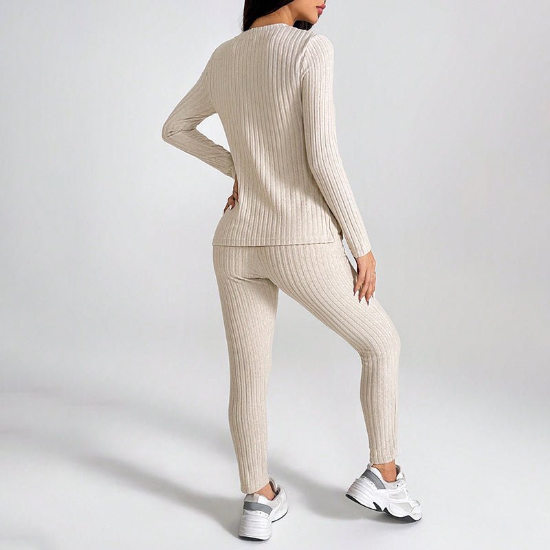 Women’s ribbed knit long-sleeve tee and pants lounge set by Plush Fashion Hub, casualwear with cozy, fitted style.