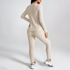 Women’s ribbed knit long-sleeve tee and pants lounge set by Plush Fashion Hub, casualwear with cozy, fitted style.