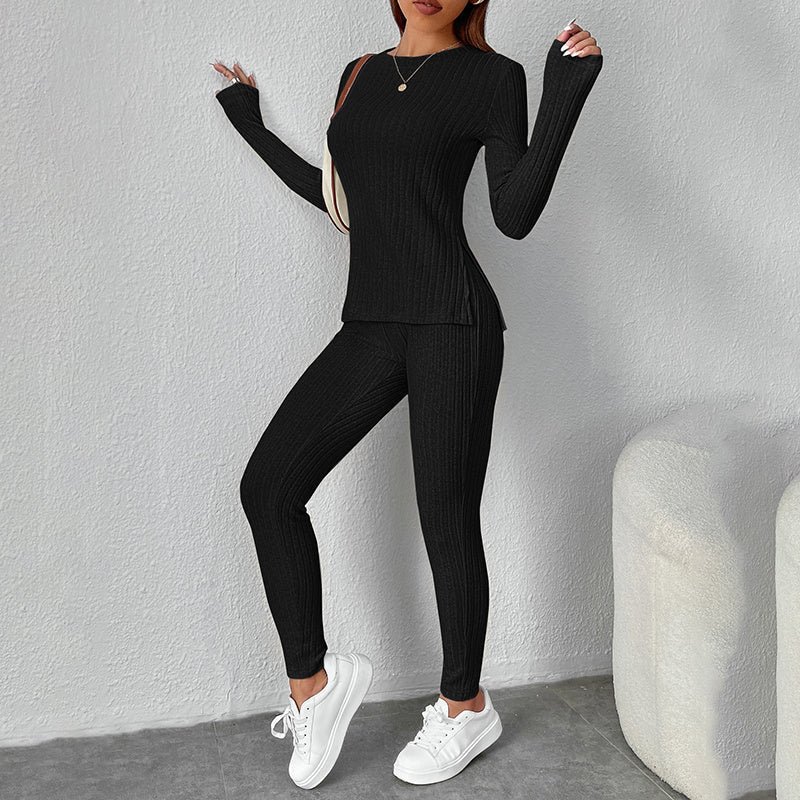 Women’s ribbed knit long-sleeve tee and pants lounge set by Plush Fashion Hub, casualwear with a cozy, fitted design.
