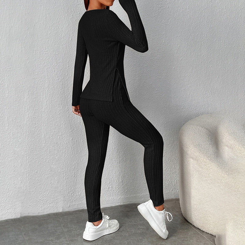 Women’s ribbed knit long-sleeve tee and pants lounge set by Plush Fashion Hub, casualwear with a comfortable, relaxed fit.