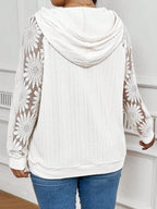 White women's round-neck hoodie with hollow-out lace paneling and long sleeves from Plush Fashion Hub.