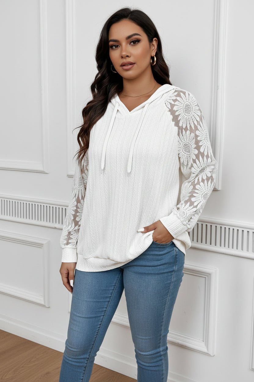 White women's long sleeve hoodie with round neck and lace paneling, featuring hollow-out design from Plush Fashion Hub.
