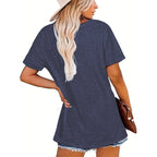 Women's round neck short sleeve T-shirt by Plush Fashion Hub, casual summer tee perfect for warm weather wear.