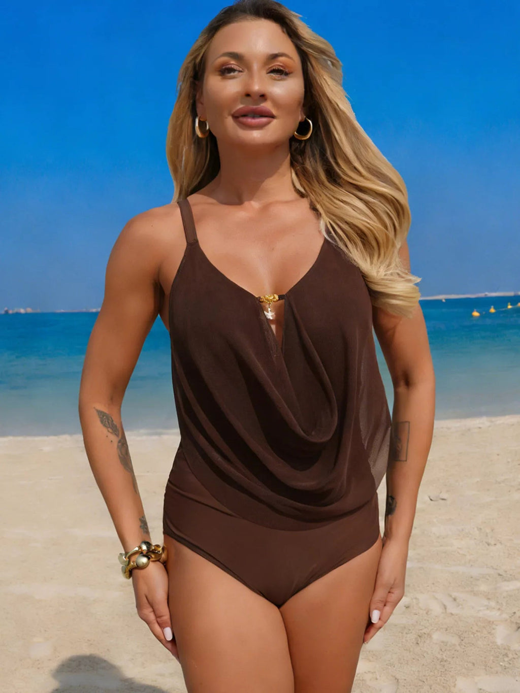 Women's solid color one-piece swimsuit with ruched design and tummy control from Trendsi, perfect for flattering and comfortable swimming.