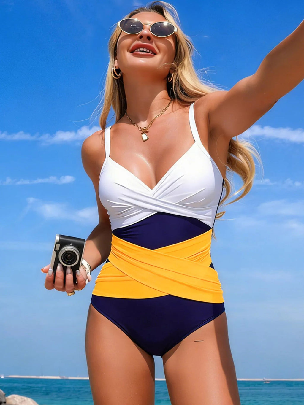 Women's ruffled color block one-piece swimsuit by Trendsi, stylish swimwear with ruffled details and vibrant color blocking.