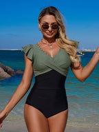 Women's ruffled sleeve one-piece swimsuit by Trendsi, elegant beachwear with stylish ruffled sleeves, perfect for beach or pool.