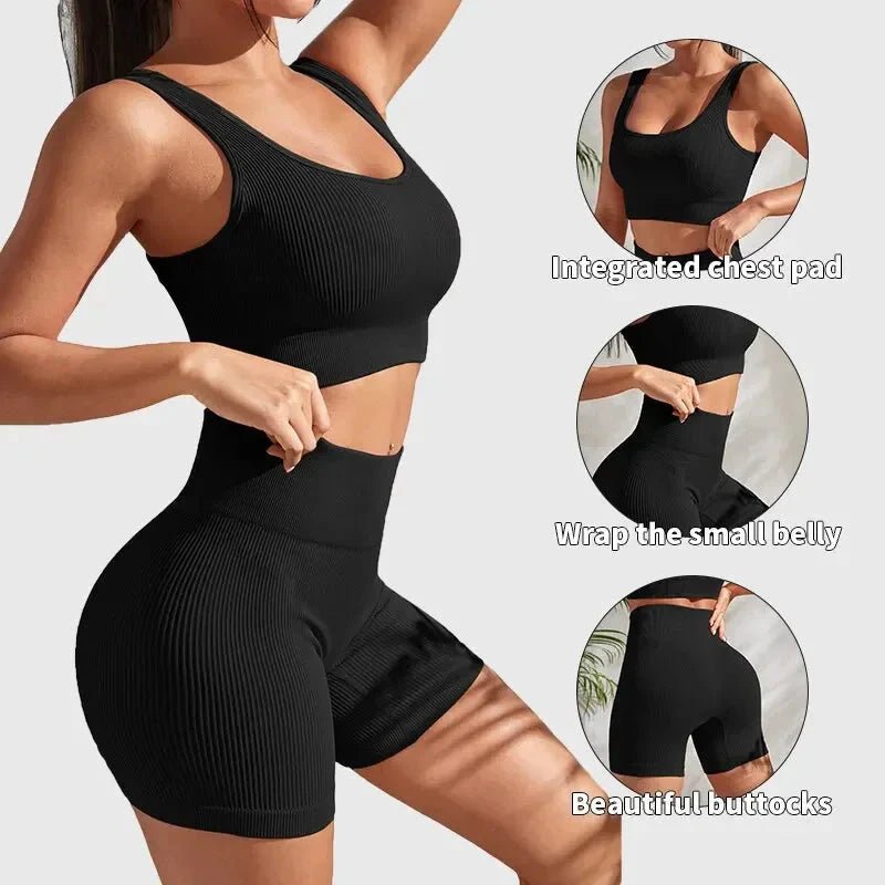Women's seamless ribbed yoga set from Plush Fashion Hub, featuring a fitted, comfortable activewear outfit for yoga and workouts.