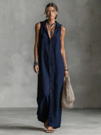 Women's sleeveless deep V-neck hooded loose maxi dress by Plush Fashion Hub, available in 6 colors and sizes XS to 3XL.