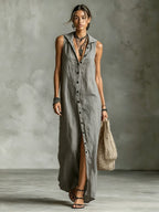 Women's sleeveless deep V-neck hooded maxi dress by Plush Fashion Hub in 6 colors, loose fit, perfect for casual wear.