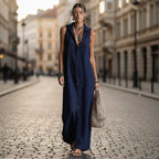 Women's sleeveless deep V-neck hooded loose maxi dress by Plush Fashion Hub, available in 6 colors and sizes XS to 3XL.