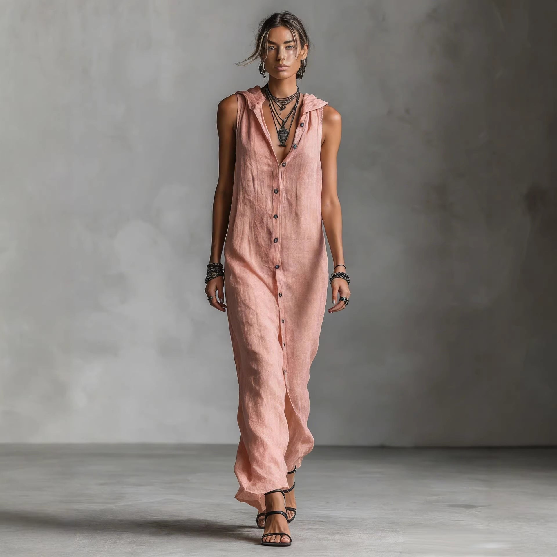 Women’s sleeveless deep V-neck hooded loose maxi dress by Plush Fashion Hub in six colors, available in XS to 3XL.
