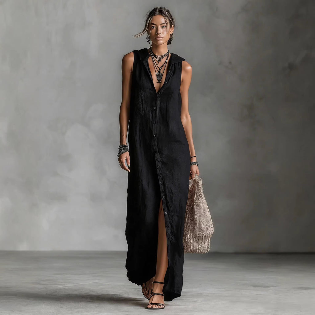 Women's sleeveless deep V-neck hooded loose maxi dress by Plush Fashion Hub in 6 colors, size XS to 3XL, casual and comfortable style.