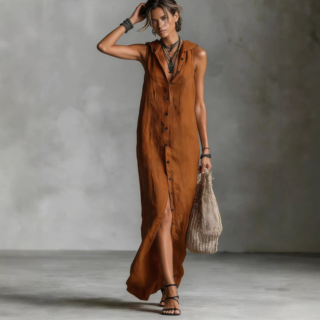 Women’s sleeveless deep V-neck hooded loose maxi dress by Plush Fashion Hub in six colors, available in XS to 3XL, shown in natural fabric detail.