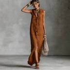 Women’s sleeveless deep V-neck hooded loose maxi dress by Plush Fashion Hub in six colors, available in XS to 3XL, shown in natural fabric detail.