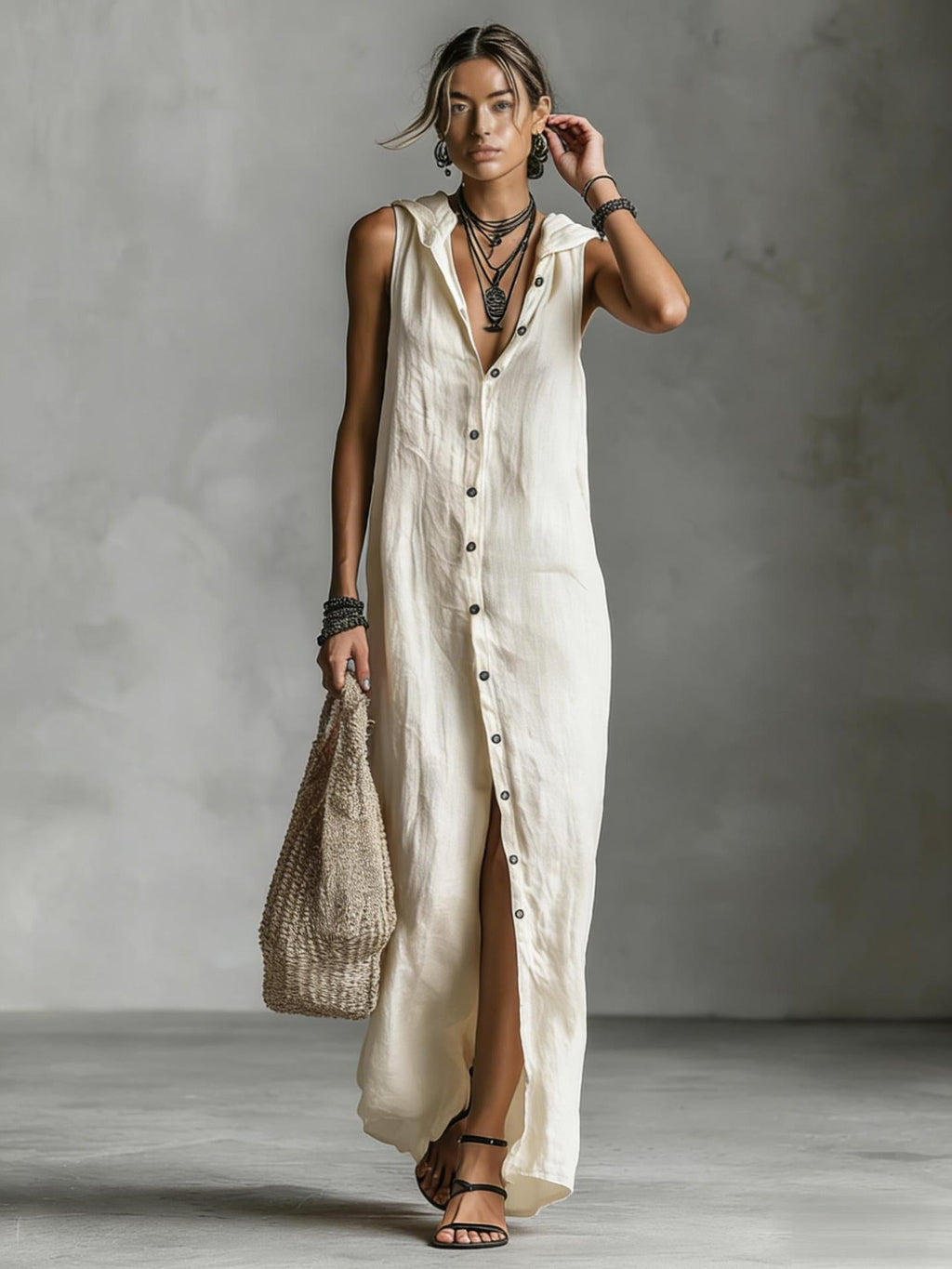 Women's sleeveless deep V-neck hooded loose maxi dress by Plush Fashion Hub in 6 colors, available in XS to 3XL, styled for casual wear.