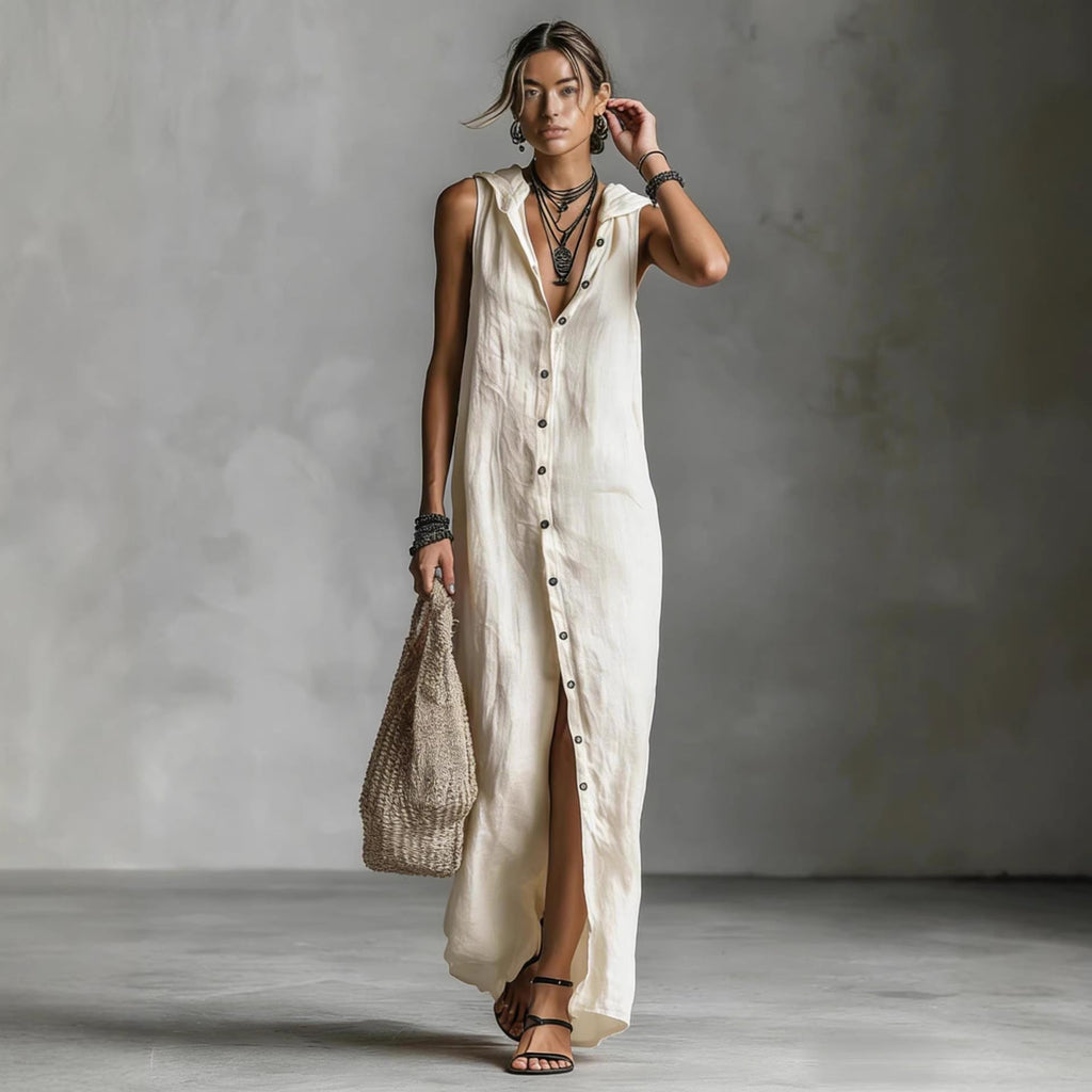 Women's sleeveless deep V-neck hooded loose maxi dress by Plush Fashion Hub in 6 colors, available in XS–3XL.