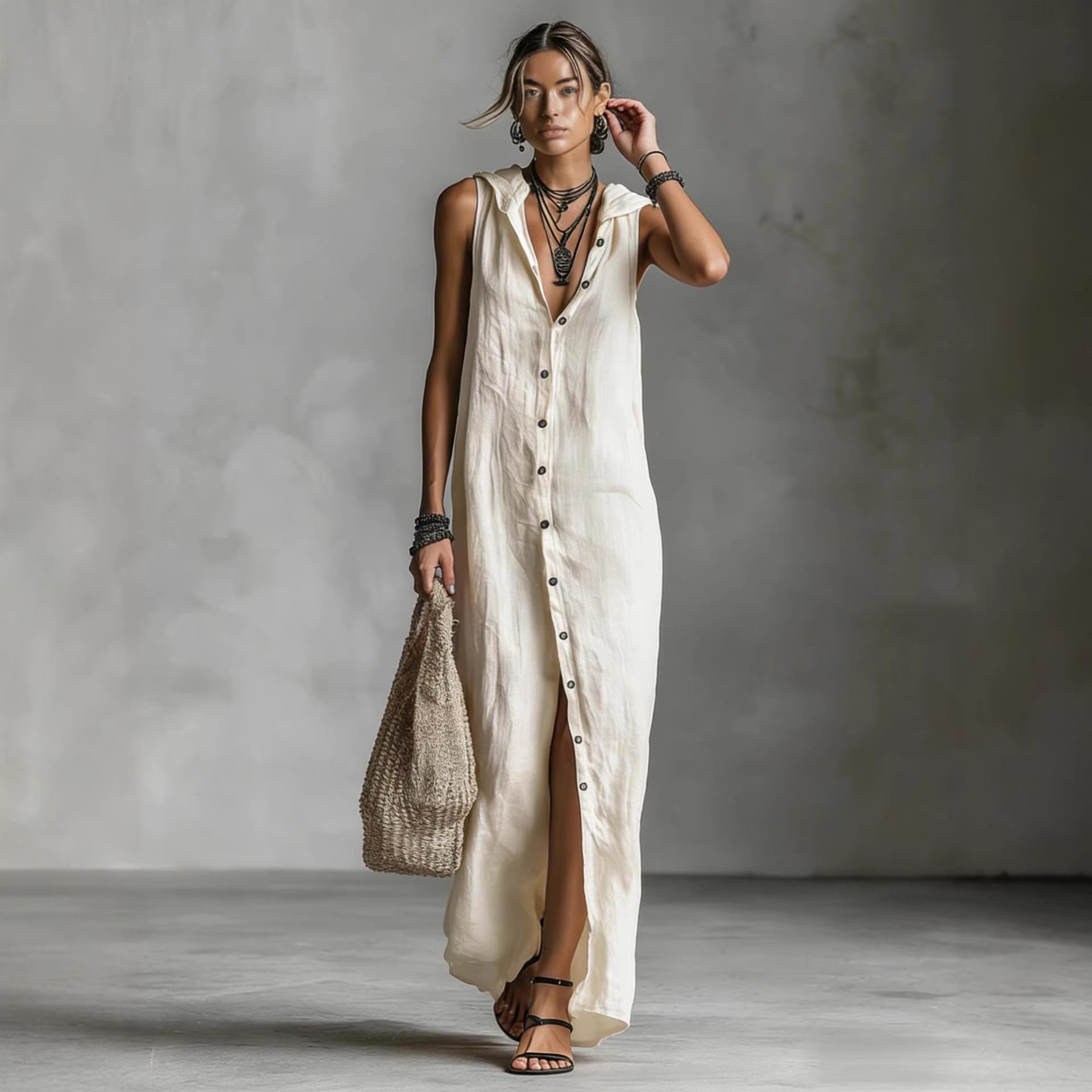 Women's sleeveless deep V-neck hooded loose maxi dress by Plush Fashion Hub in 6 colors, available in XS–3XL.
