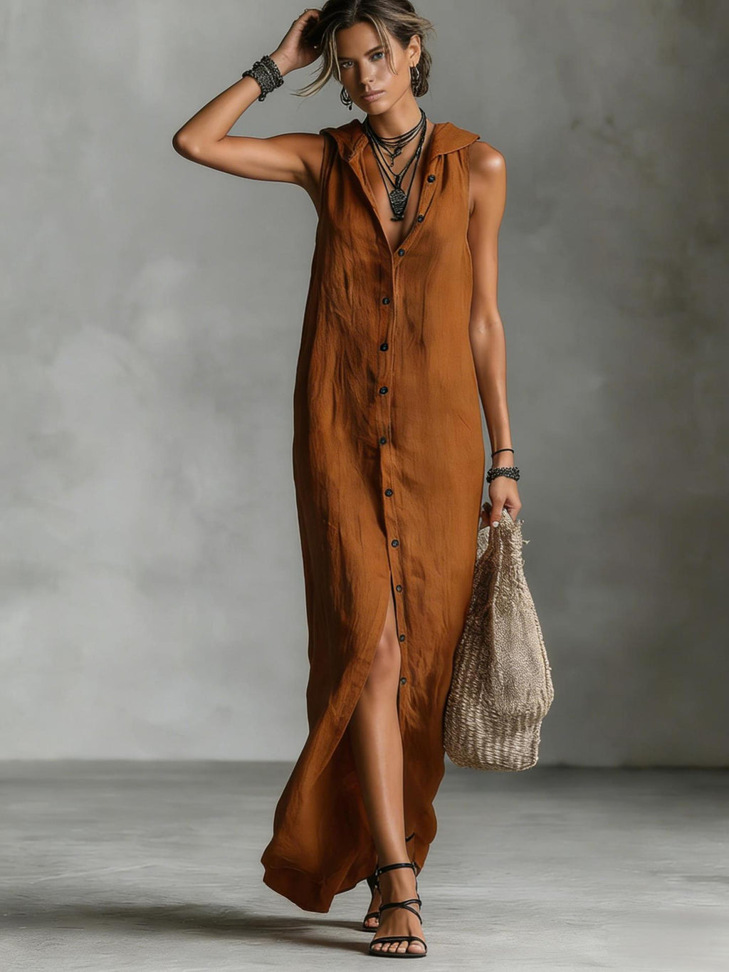 Women's sleeveless deep V-neck hooded loose maxi dress by Plush Fashion Hub in six colors, available in XS to 3XL.