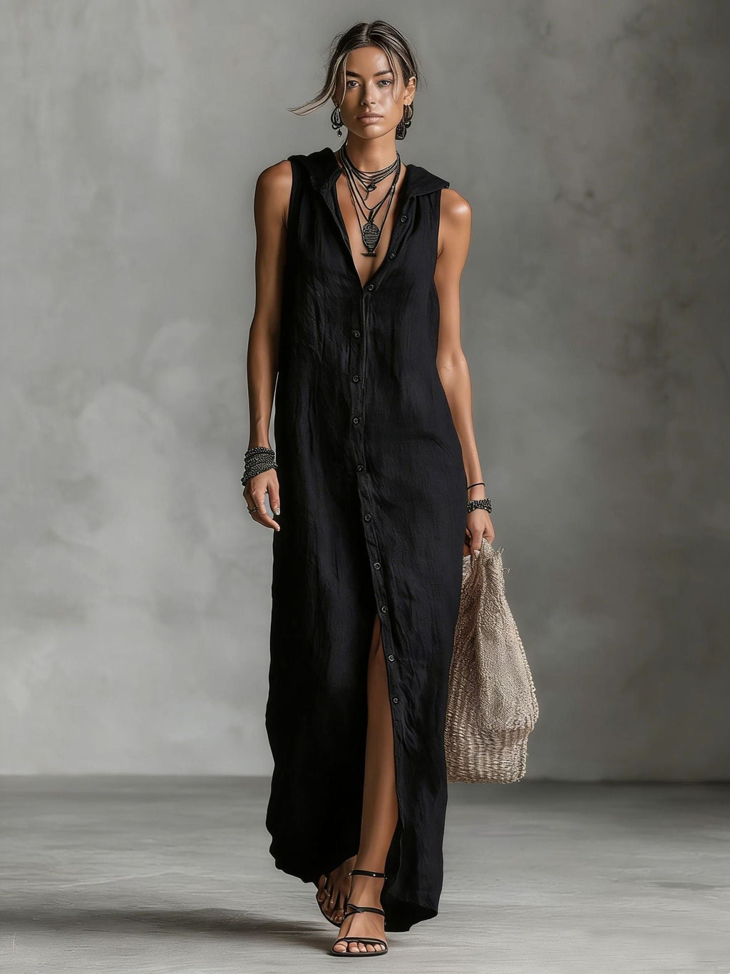 Women's sleeveless deep V-neck hooded loose maxi dress in six colors, from Plush Fashion Hub, available in XS to 3XL.