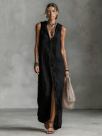 Women's sleeveless deep V-neck hooded loose maxi dress in six colors, from Plush Fashion Hub, available in XS to 3XL.