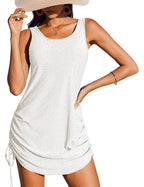 Women's sleeveless drawstring hollow-out mini dress by Plush Fashion Hub, casualwear, featuring a stylish open-back design and lightweight fabric.