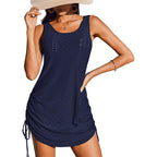 Women’s sleeveless drawstring hollow-out mini dress by Plush Fashion Hub, casualwear with a stylish open-back design and lightweight fabric.