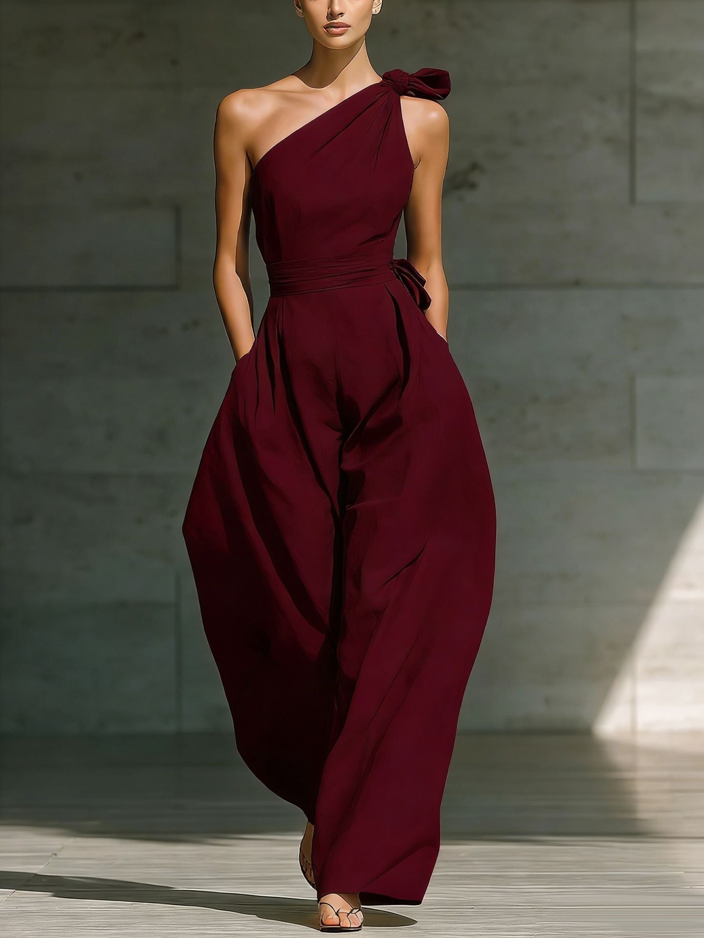 Women's sleeveless halter neck jumpsuit with cinched waist in six colors, available in sizes S to 2XL, by Plush Fashion Hub.