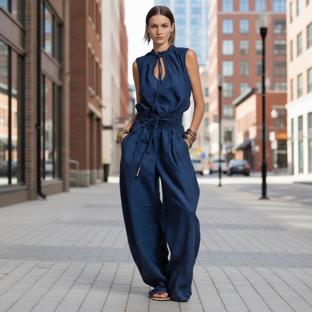 Women's sleeveless high-waist wide-leg pleated jumpsuit by Plush Fashion Hub, shown in a casualwear style on a model.