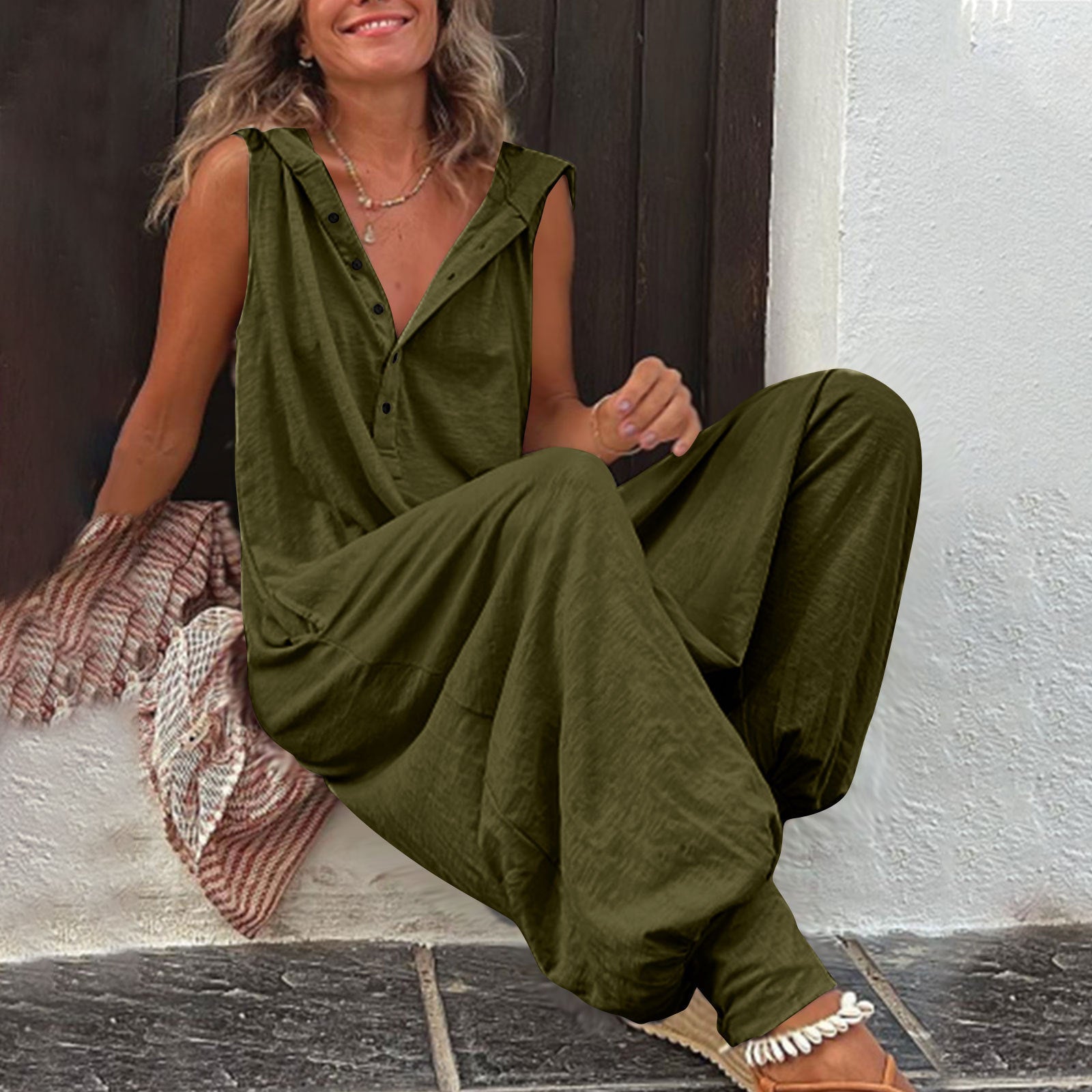 Women’s sleeveless hooded relaxed fit jumpsuit by Plush Fashion Hub, casualwear with a comfortable, stylish design and soft fabric.