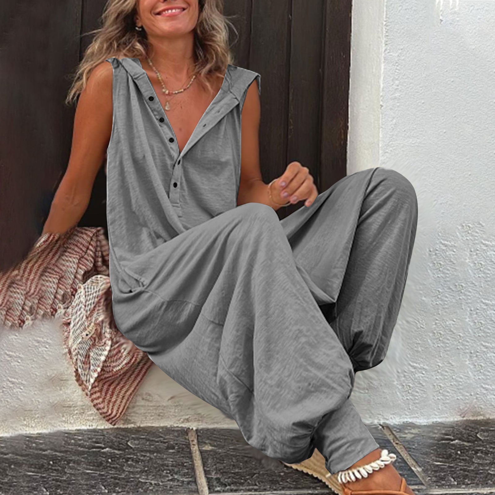 Women’s sleeveless hooded relaxed fit jumpsuit by Plush Fashion Hub, casualwear with a comfortable, stylish design.