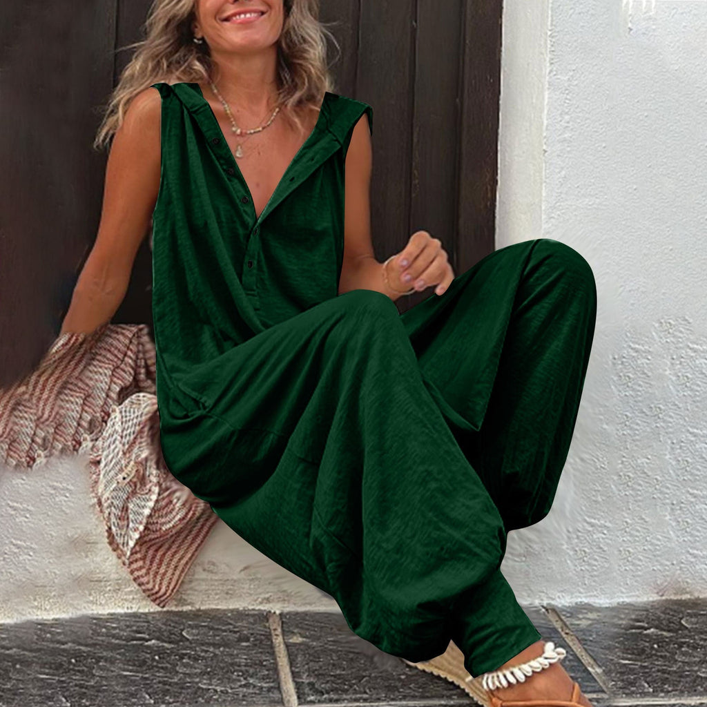 Women’s sleeveless hooded relaxed fit jumpsuit by Plush Fashion Hub, casualwear featuring a comfortable, stylish design.