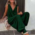 Women’s sleeveless hooded relaxed fit jumpsuit by Plush Fashion Hub, casualwear featuring a comfortable, stylish design.