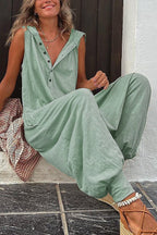 Women’s sleeveless hooded relaxed fit jumpsuit by Plush Fashion Hub, casualwear style with a comfortable fit and hooded design.
