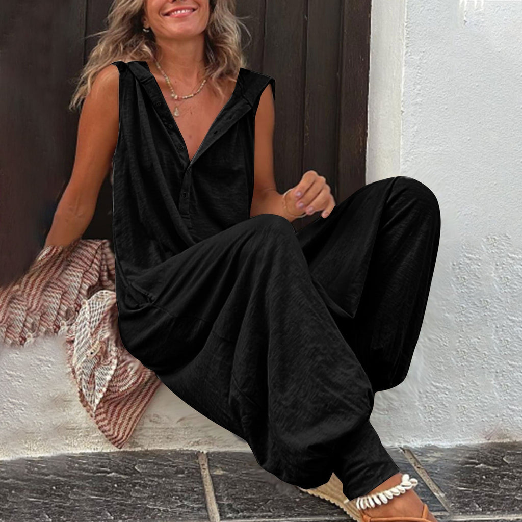 Women’s sleeveless hooded relaxed fit jumpsuit by Plush Fashion Hub, casualwear with a comfortable, stylish design.