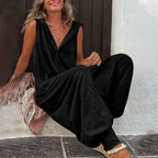 Women’s sleeveless hooded relaxed fit jumpsuit by Plush Fashion Hub, casualwear with a comfortable, stylish design.