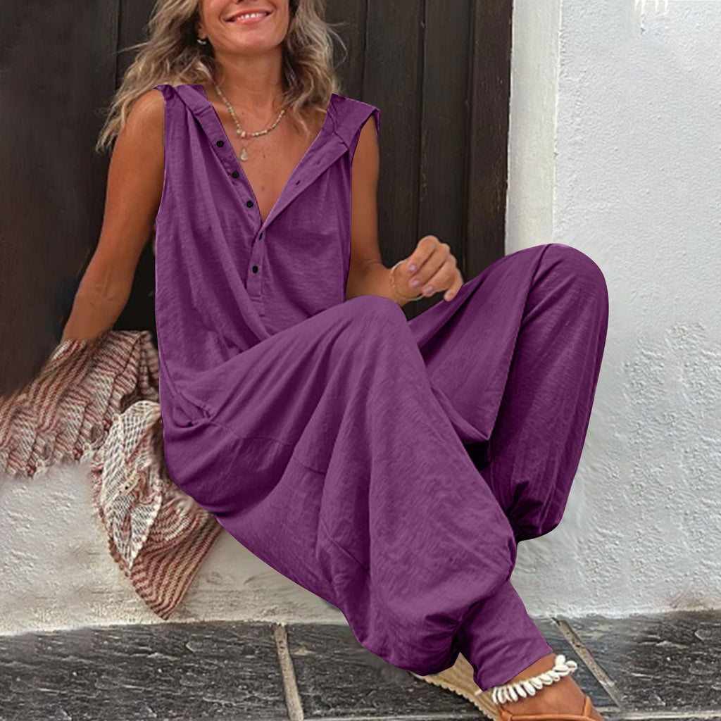 Women’s sleeveless hooded relaxed fit jumpsuit by Plush Fashion Hub, featuring a casual style and comfortable fit.