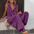 Women’s sleeveless hooded relaxed fit jumpsuit by Plush Fashion Hub, featuring a casual style and comfortable fit.