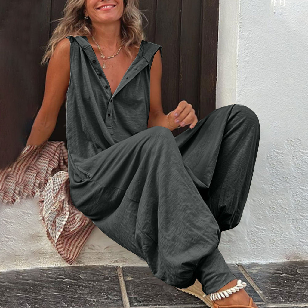 Women’s sleeveless hooded relaxed fit jumpsuit by Plush Fashion Hub featuring a casual, comfortable design for everyday wear.