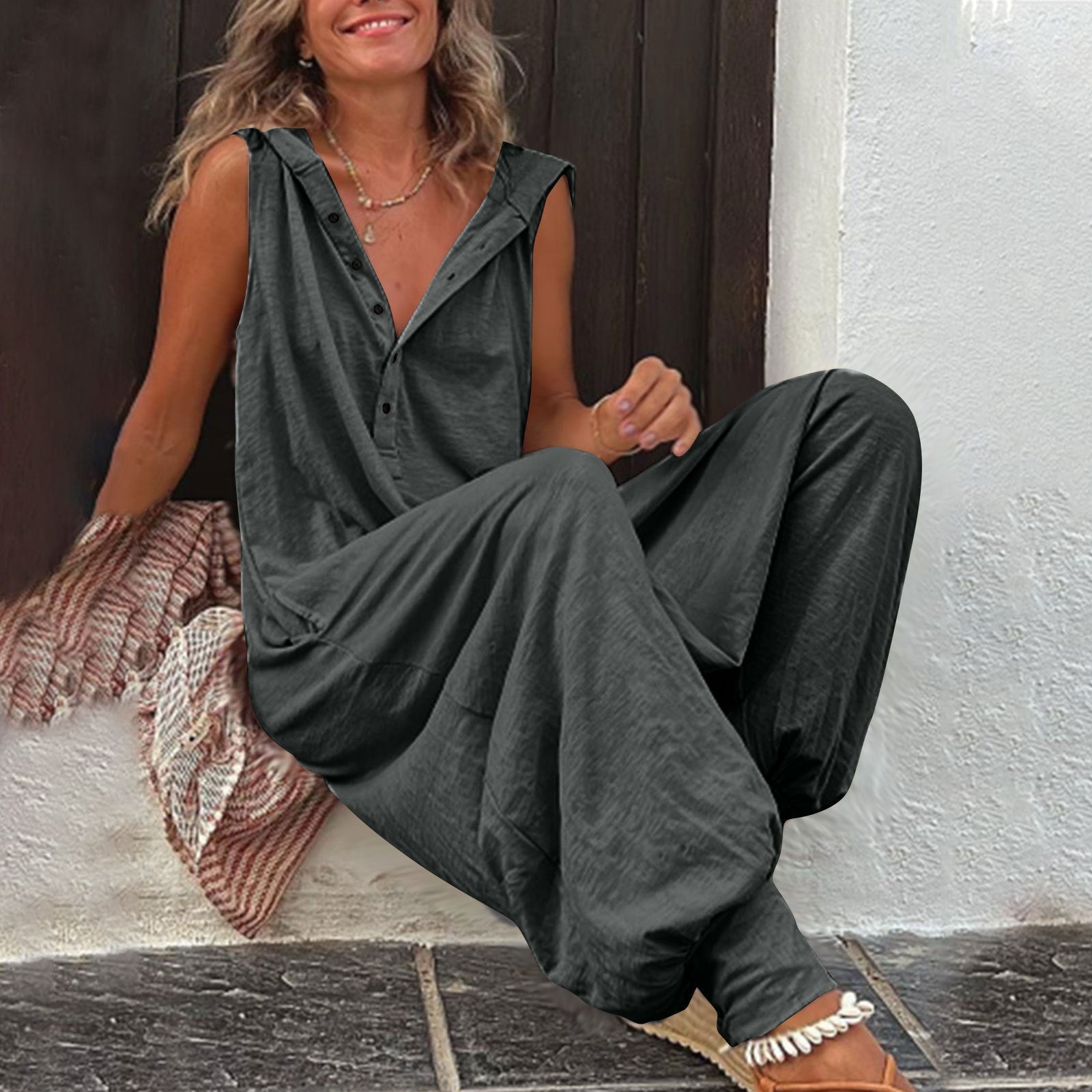Women’s sleeveless hooded relaxed fit jumpsuit by Plush Fashion Hub featuring a casual, comfortable design for everyday wear.